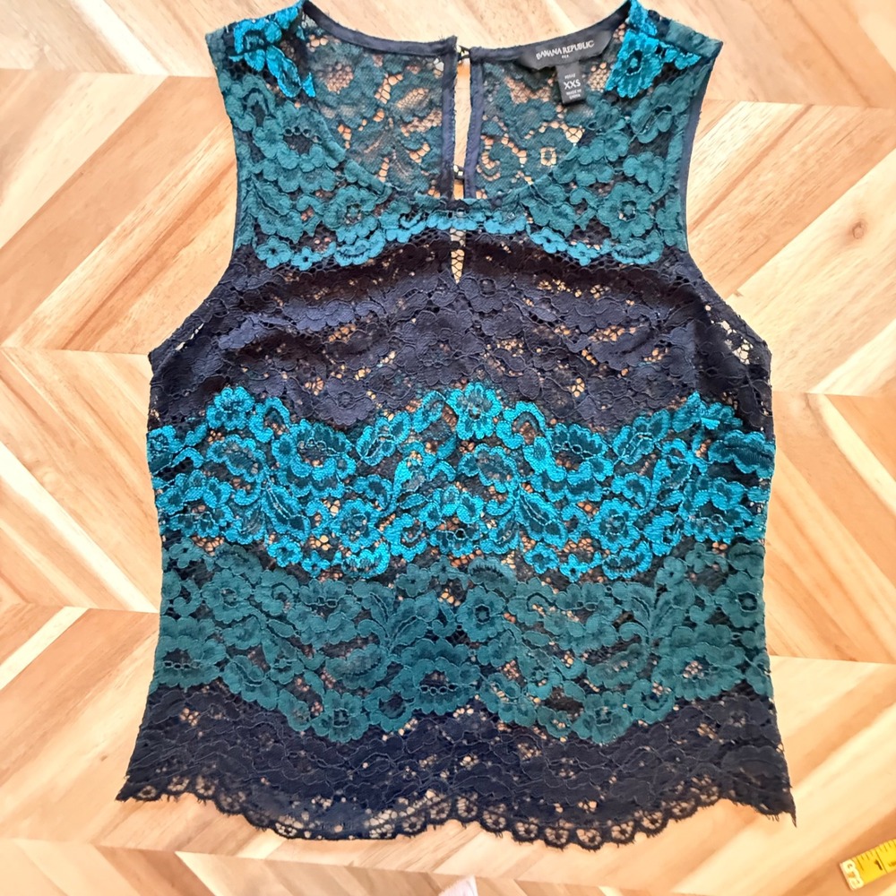 Banana Republic PXXS Sheer Lace Shell Top Teal Sleeveless Keyhole Back Wedding